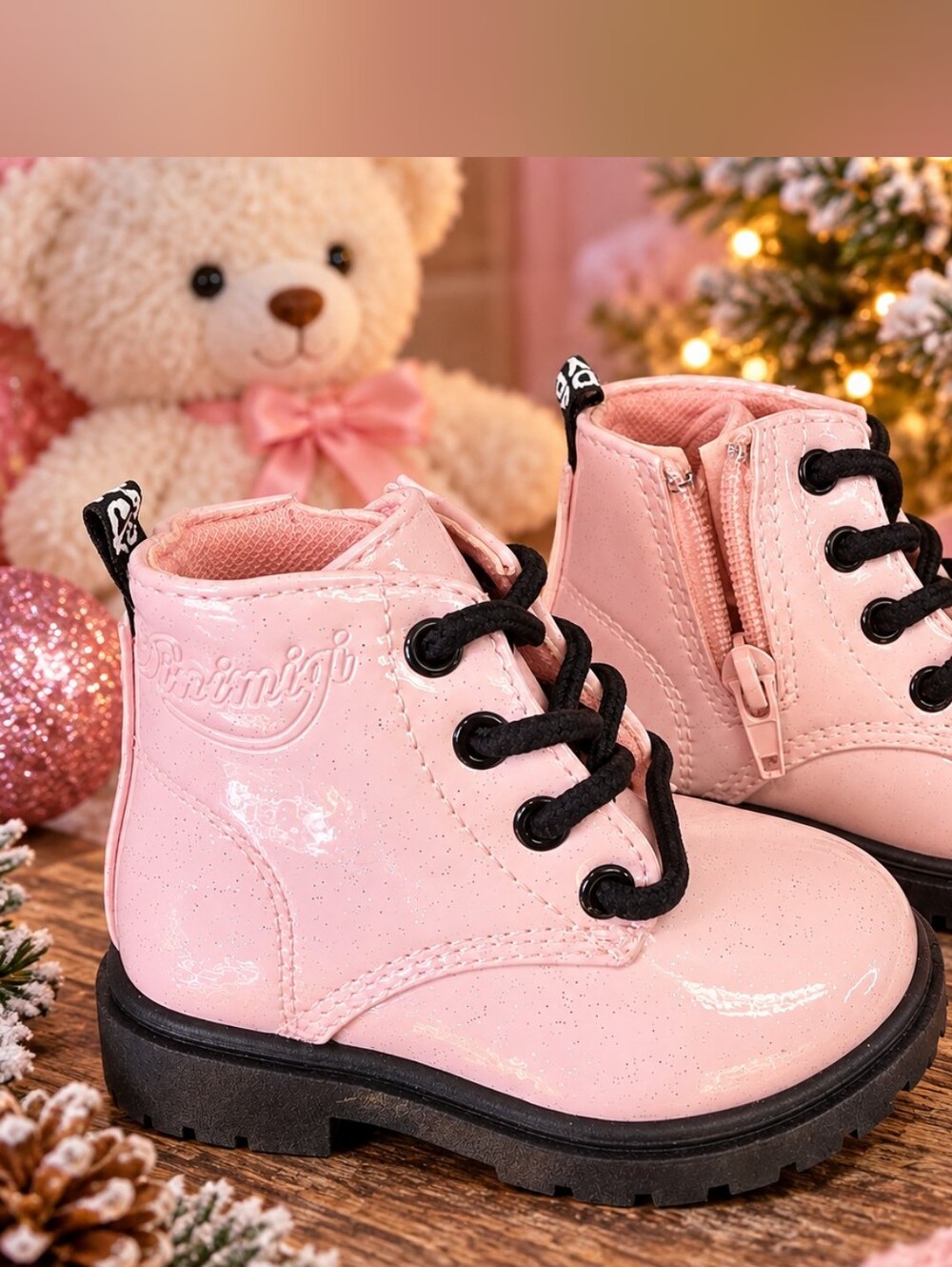 Girls Pink Glitter Patent Combat Boots Black Lace Up Toddler EU 22 (6 US)